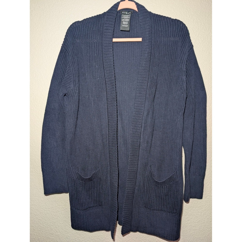 Open Front Cardigan M Navy Blue Cotton Shaker Knit Cozy Coastal Nautical Classic